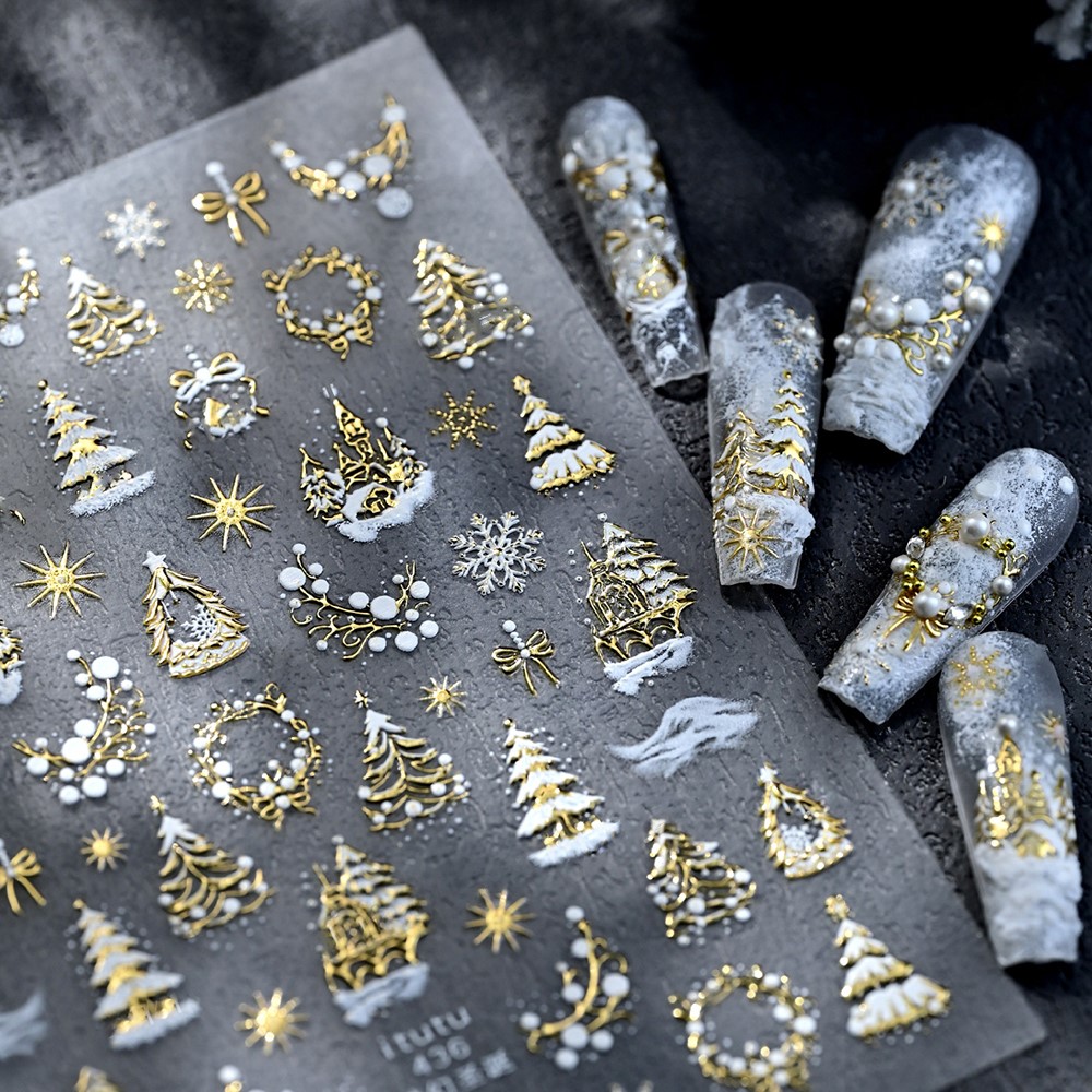 Nail Art Xmas Stickers - 5D тисненный золотой замок/гирлянда/рождественская елка, наклейки