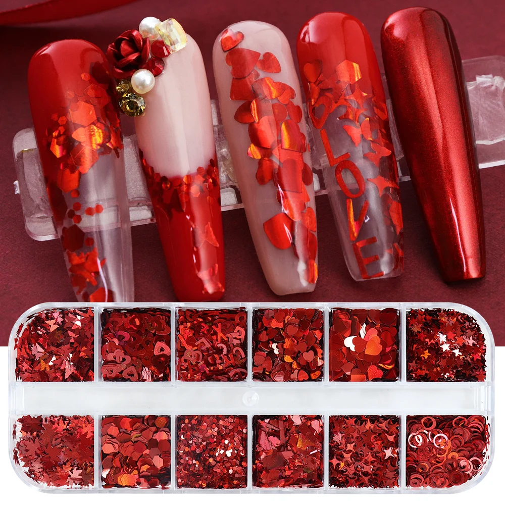 Nail Art Valentines Day - Голографические Красные Блестки для дизайна ногтей,