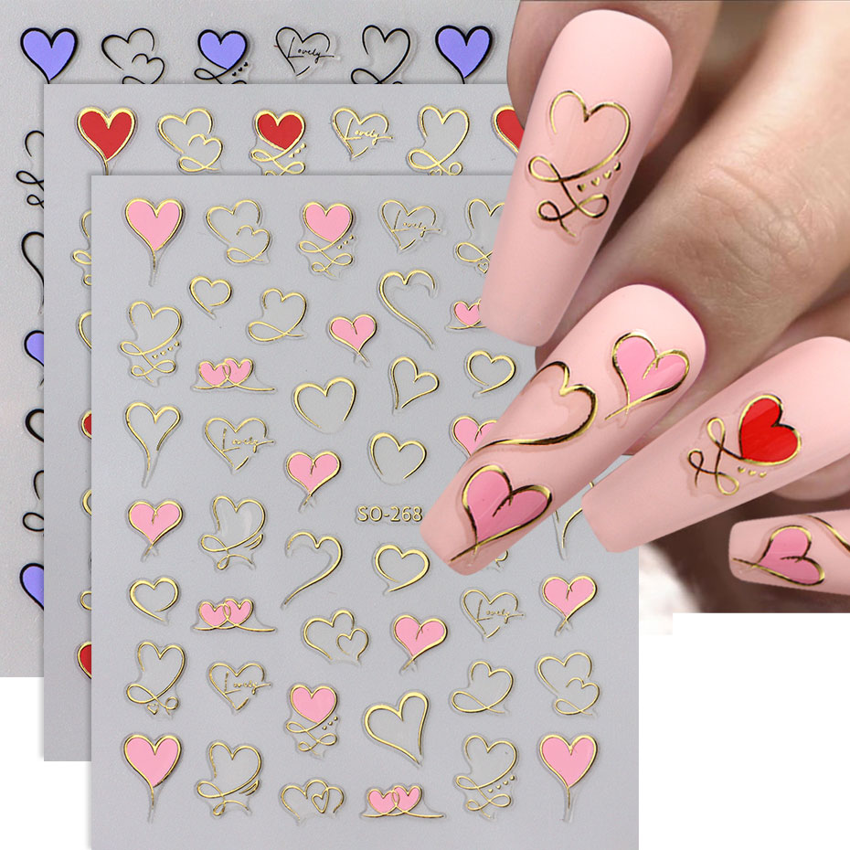 3 шт. Y2K Gold Wave Line Heart – обзор и цена Nail Art Valentines Day